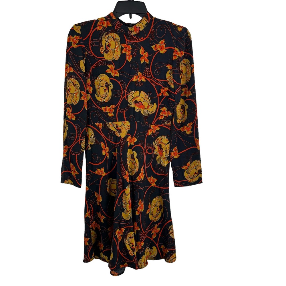 Zara Black with Orange Retro Floral Long Sleeve Dress Size XS